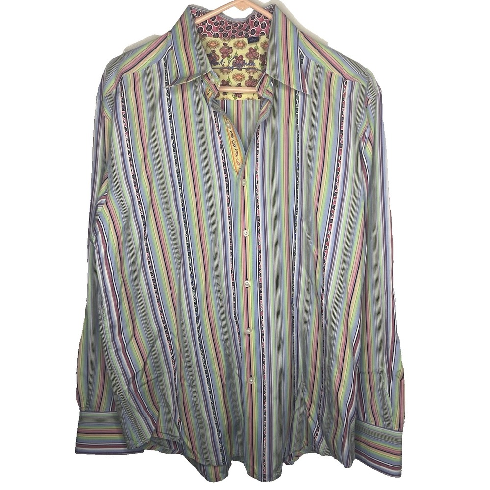 Robert Graham Men's Dress Shirt Striped Paisley Trim Flip Cuff Size Large